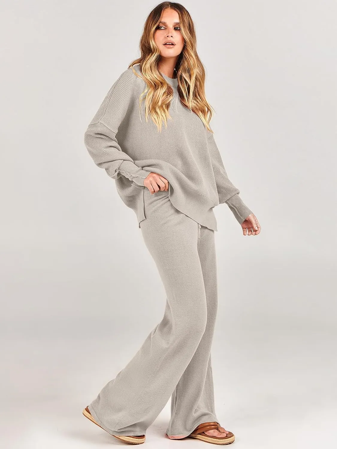 ANRABESS Women 2 Piece Outfits Oversized Chunky Knit Sweater Top Wide Leg Pants 2024 Fall Lounge Set Trendy Cozy Clothes