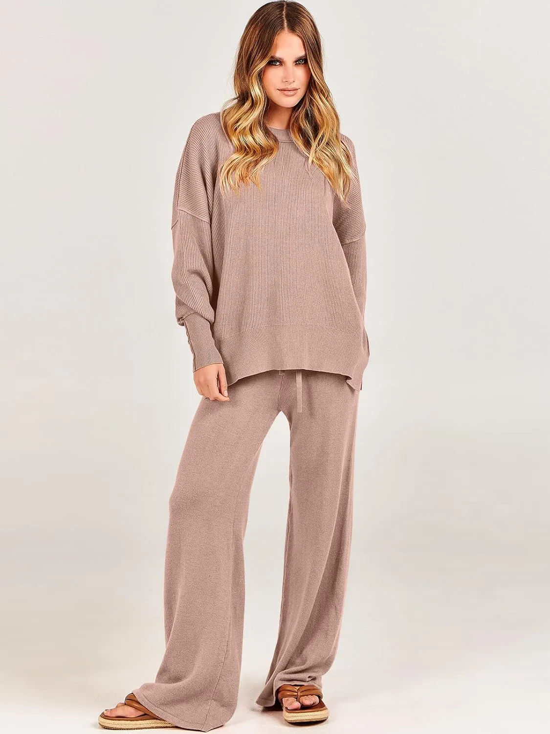 ANRABESS Women 2 Piece Outfits Oversized Chunky Knit Sweater Top Wide Leg Pants 2024 Fall Lounge Set Trendy Cozy Clothes