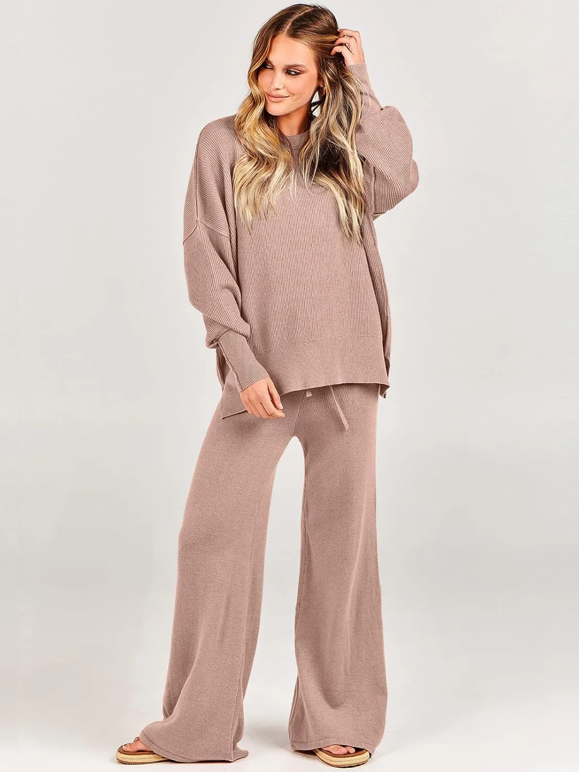 ANRABESS Women 2 Piece Outfits Oversized Chunky Knit Sweater Top Wide Leg Pants 2024 Fall Lounge Set Trendy Cozy Clothes