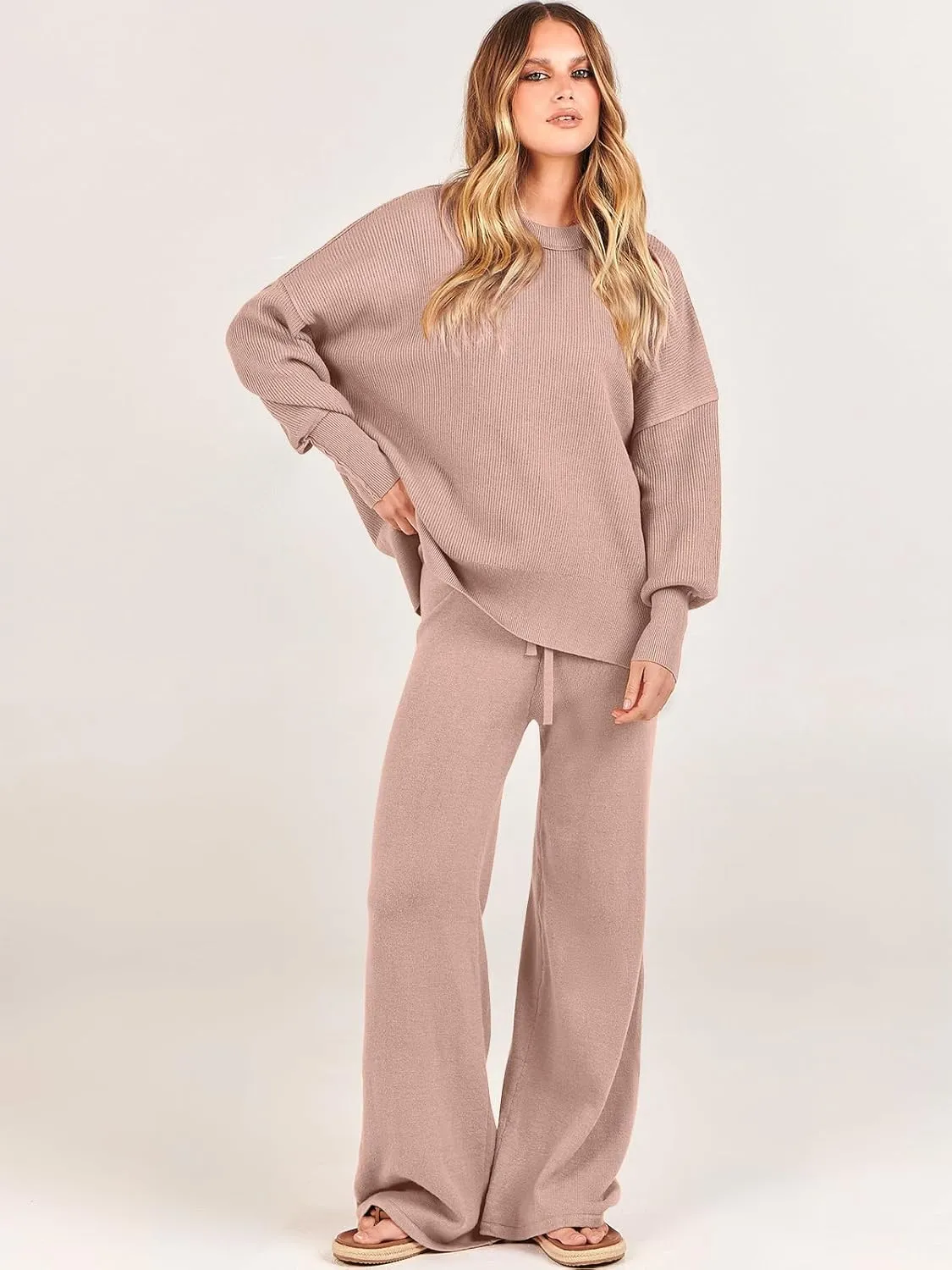ANRABESS Women 2 Piece Outfits Oversized Chunky Knit Sweater Top Wide Leg Pants 2024 Fall Lounge Set Trendy Cozy Clothes