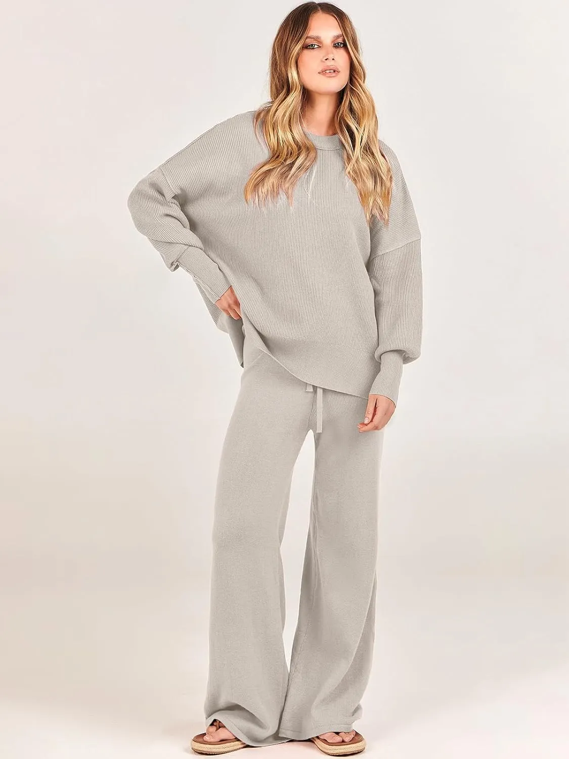 ANRABESS Women 2 Piece Outfits Oversized Chunky Knit Sweater Top Wide Leg Pants 2024 Fall Lounge Set Trendy Cozy Clothes