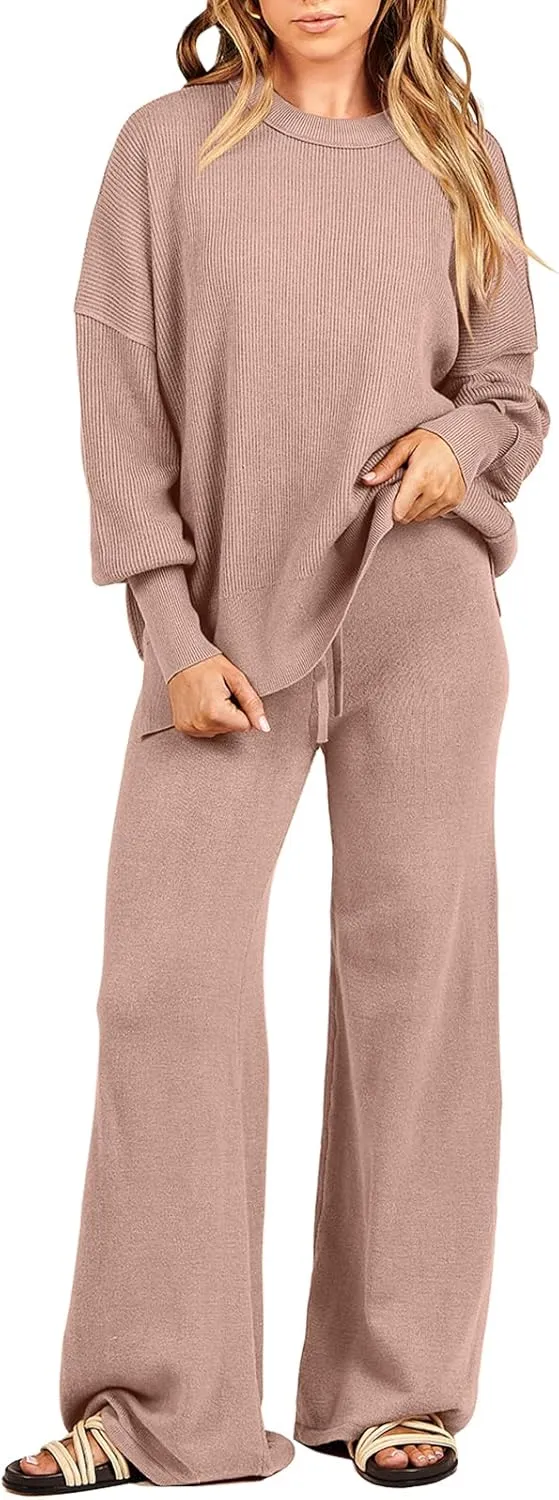 ANRABESS Women 2 Piece Outfits Oversized Chunky Knit Sweater Top Wide Leg Pants 2024 Fall Lounge Set Trendy Cozy Clothes