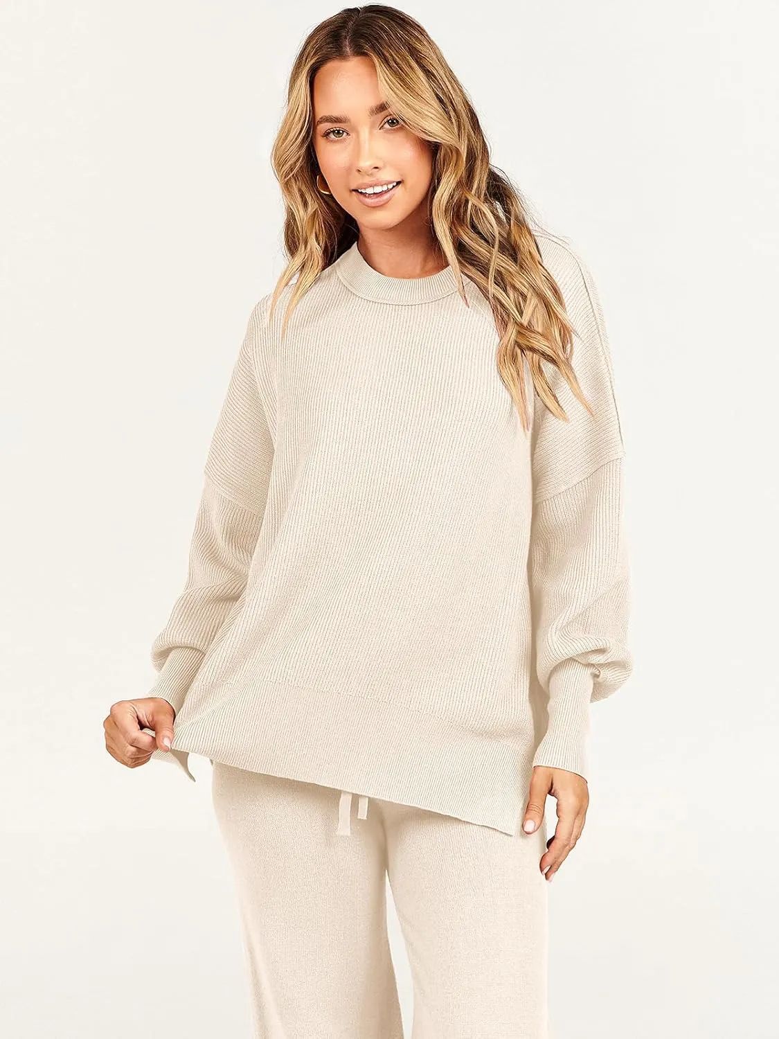 ANRABESS Women 2 Piece Outfits Oversized Chunky Knit Sweater Top Wide Leg Pants 2024 Fall Lounge Set Trendy Cozy Clothes