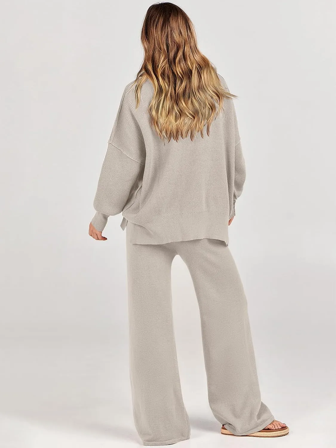 ANRABESS Women 2 Piece Outfits Oversized Chunky Knit Sweater Top Wide Leg Pants 2024 Fall Lounge Set Trendy Cozy Clothes