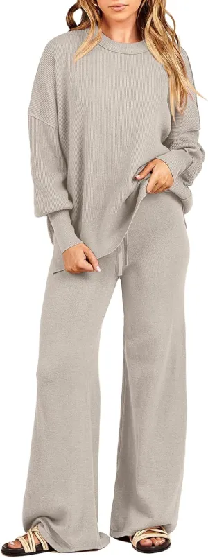ANRABESS Women 2 Piece Outfits Oversized Chunky Knit Sweater Top Wide Leg Pants 2024 Fall Lounge Set Trendy Cozy Clothes