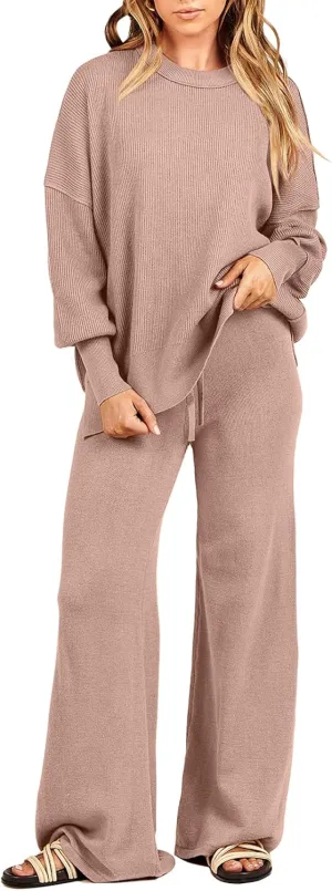 ANRABESS Women 2 Piece Outfits Oversized Chunky Knit Sweater Top Wide Leg Pants 2024 Fall Lounge Set Trendy Cozy Clothes