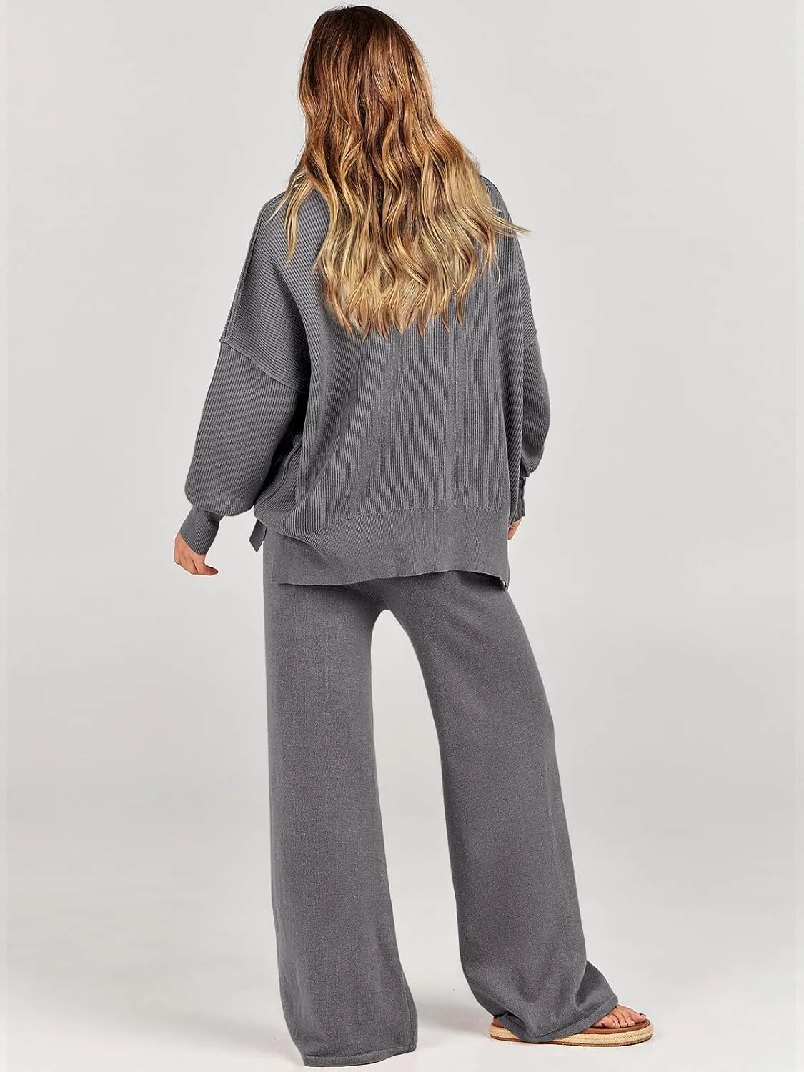 ANRABESS Women 2 Piece Outfits Oversized Chunky Knit Sweater Top Wide Leg Pants 2024 Fall Lounge Set Trendy Cozy Clothes