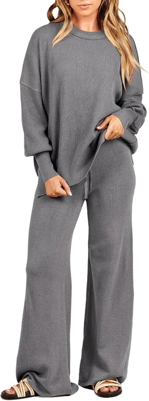 ANRABESS Women 2 Piece Outfits Oversized Chunky Knit Sweater Top Wide Leg Pants 2024 Fall Lounge Set Trendy Cozy Clothes