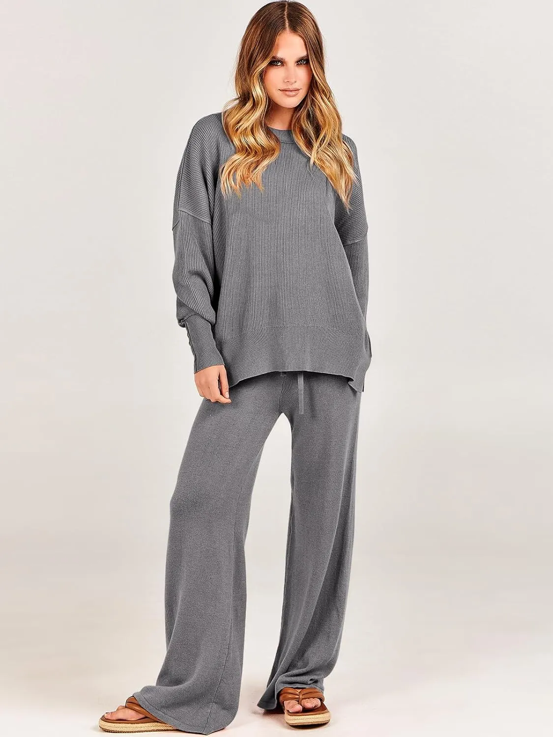 ANRABESS Women 2 Piece Outfits Oversized Chunky Knit Sweater Top Wide Leg Pants 2024 Fall Lounge Set Trendy Cozy Clothes