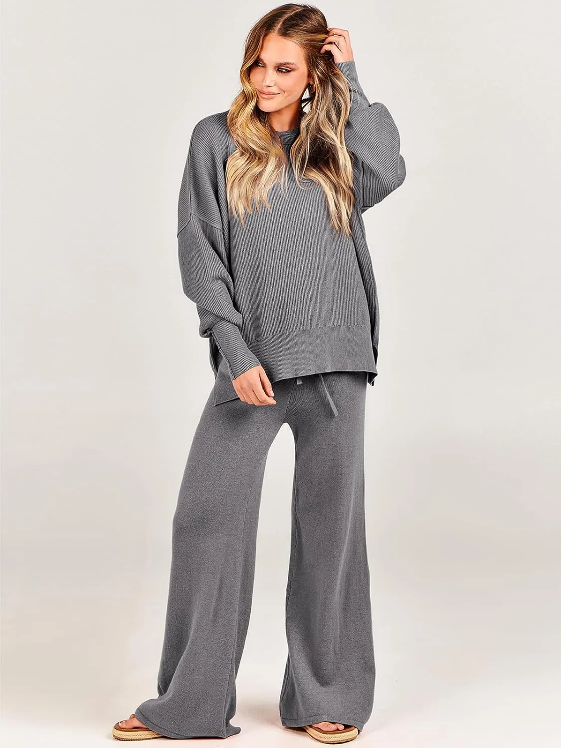 ANRABESS Women 2 Piece Outfits Oversized Chunky Knit Sweater Top Wide Leg Pants 2024 Fall Lounge Set Trendy Cozy Clothes