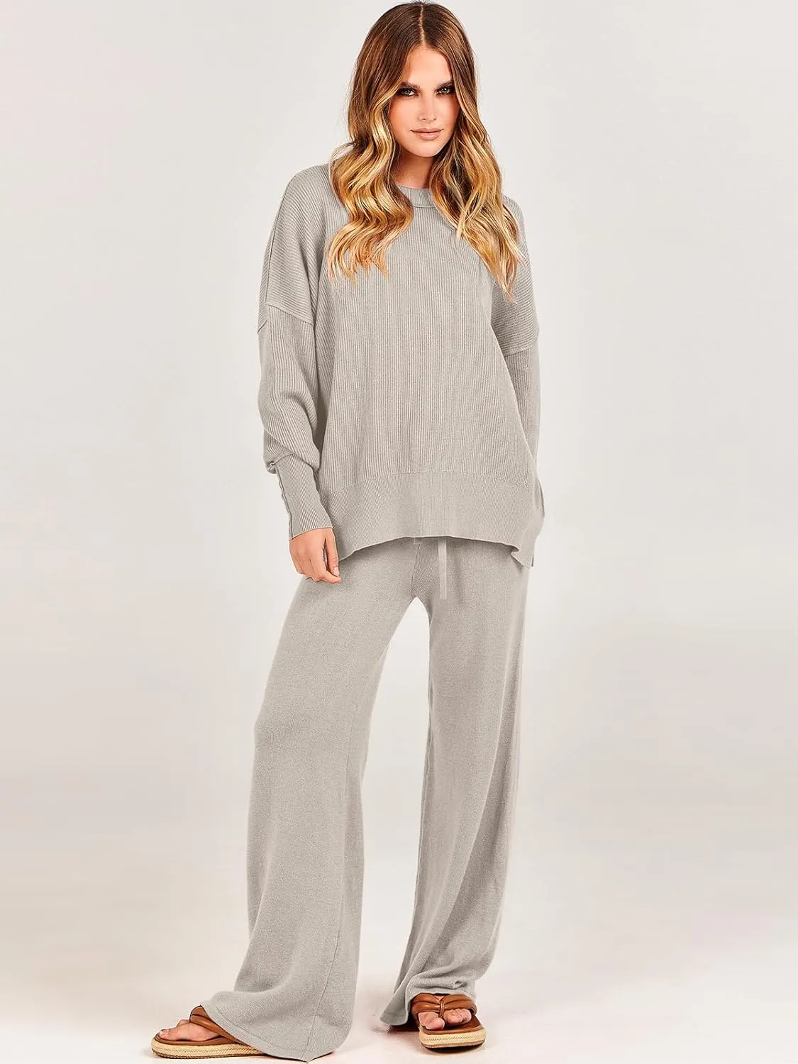 ANRABESS Women 2 Piece Outfits Oversized Chunky Knit Sweater Top Wide Leg Pants 2024 Fall Lounge Set Trendy Cozy Clothes