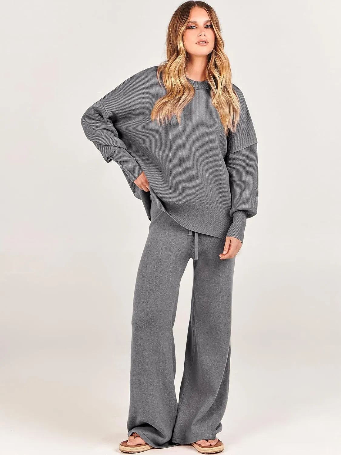 ANRABESS Women 2 Piece Outfits Oversized Chunky Knit Sweater Top Wide Leg Pants 2024 Fall Lounge Set Trendy Cozy Clothes