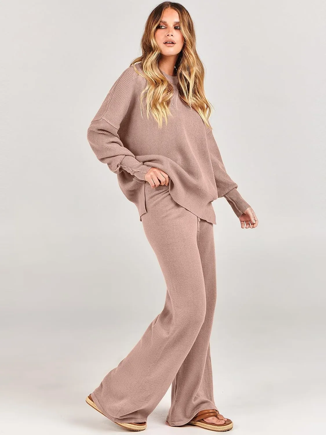 ANRABESS Women 2 Piece Outfits Oversized Chunky Knit Sweater Top Wide Leg Pants 2024 Fall Lounge Set Trendy Cozy Clothes