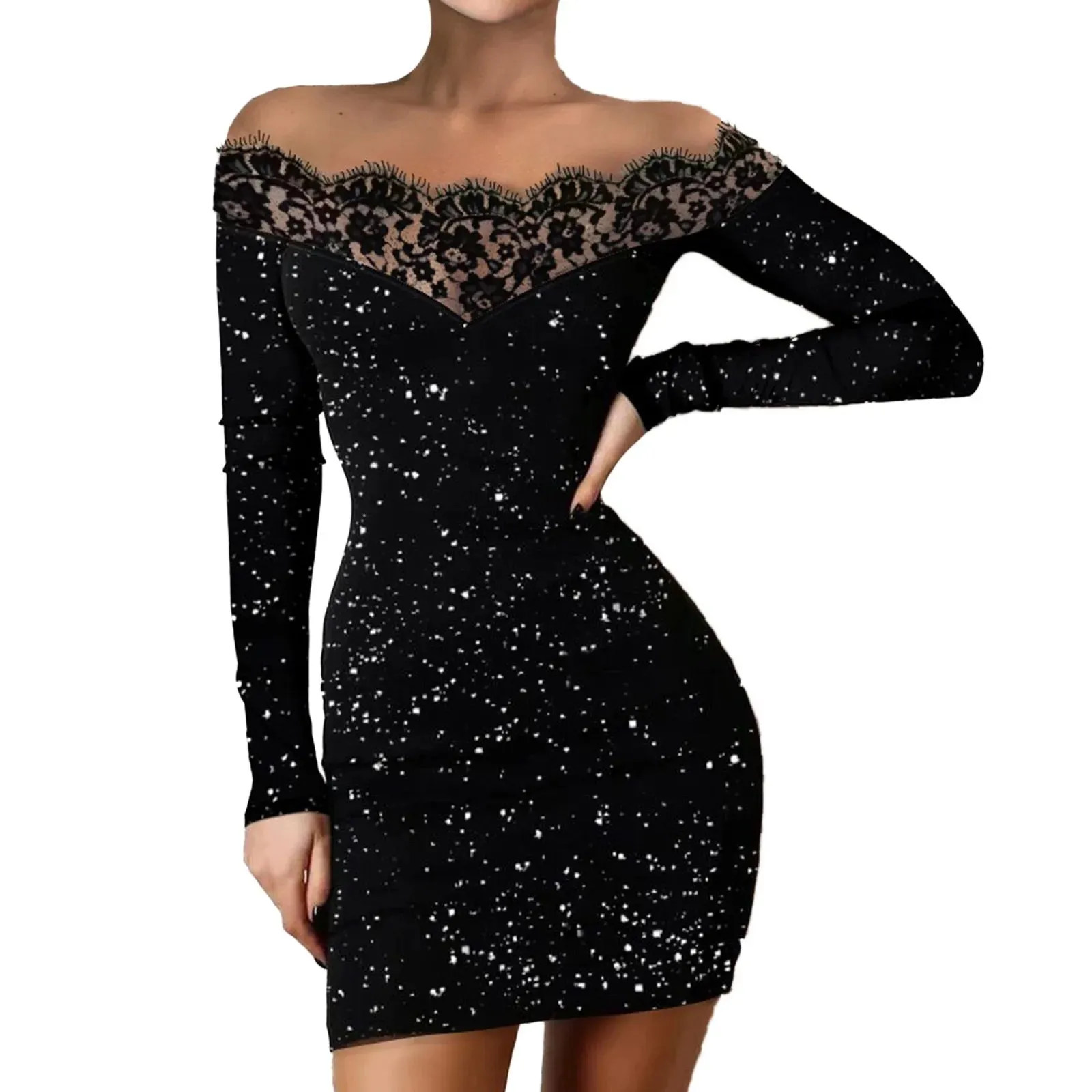 Arrival Sexy Solid Slim Elegant Sexy Glitter Off Shoulder Lace Casual New Dress