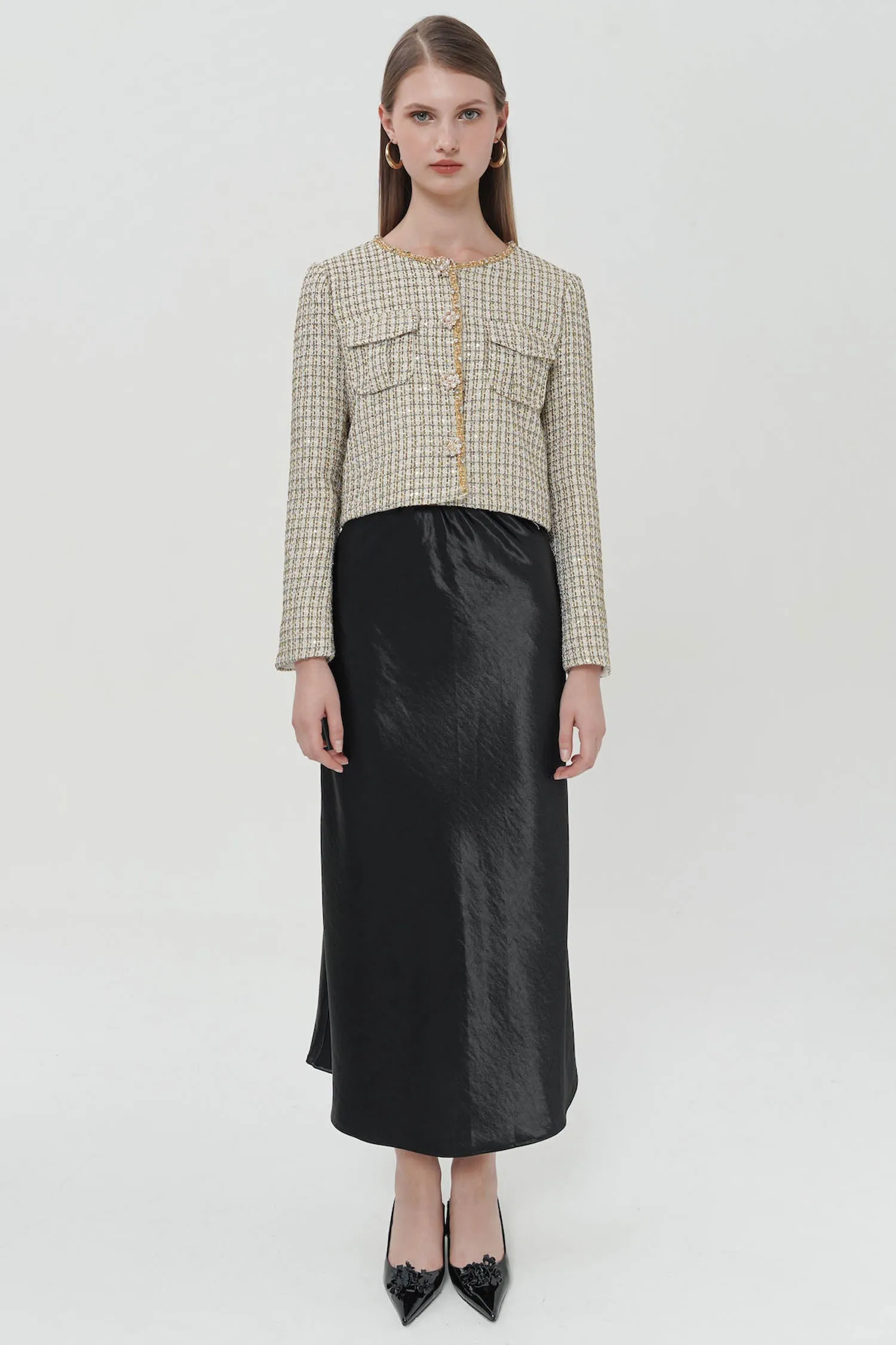 Auretta Embellished Tweed Blazer In Gold