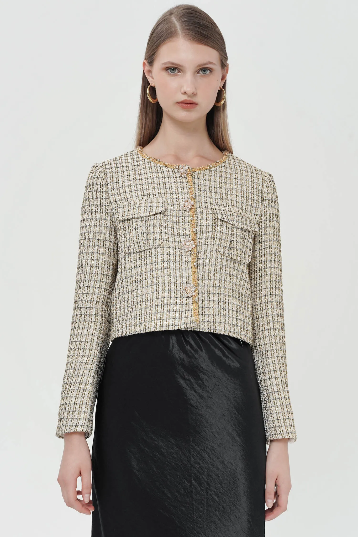 Auretta Embellished Tweed Blazer In Gold