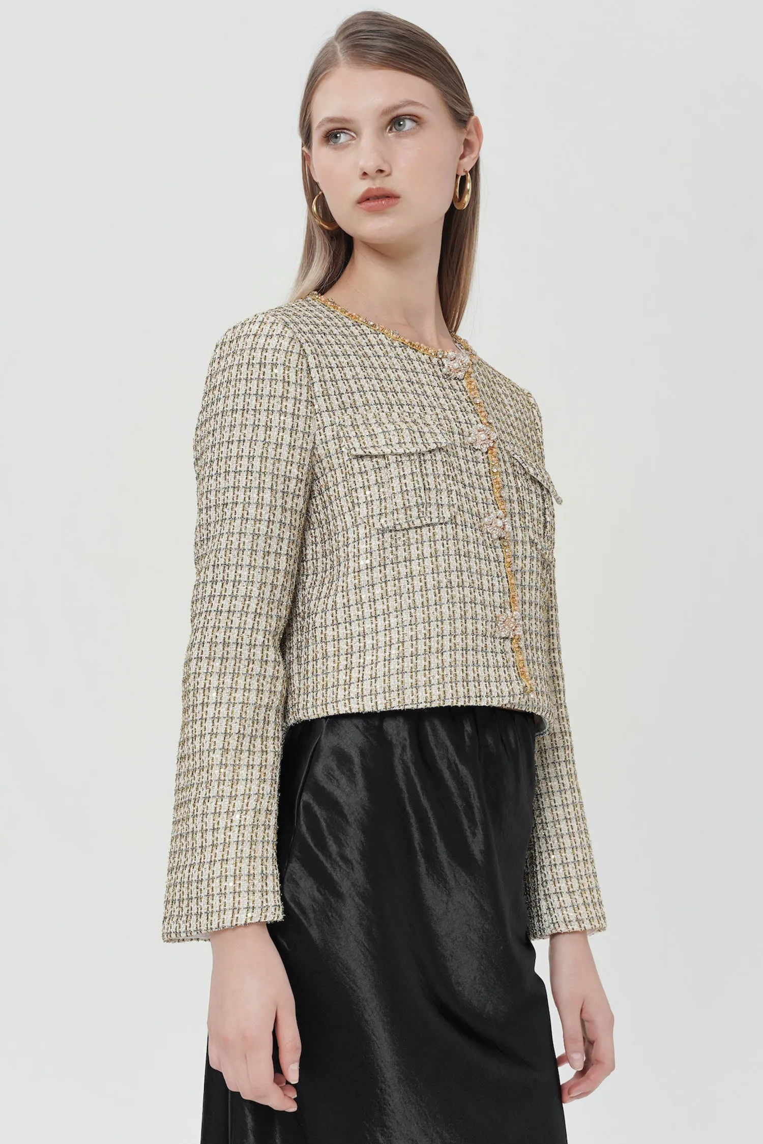 Auretta Embellished Tweed Blazer In Gold