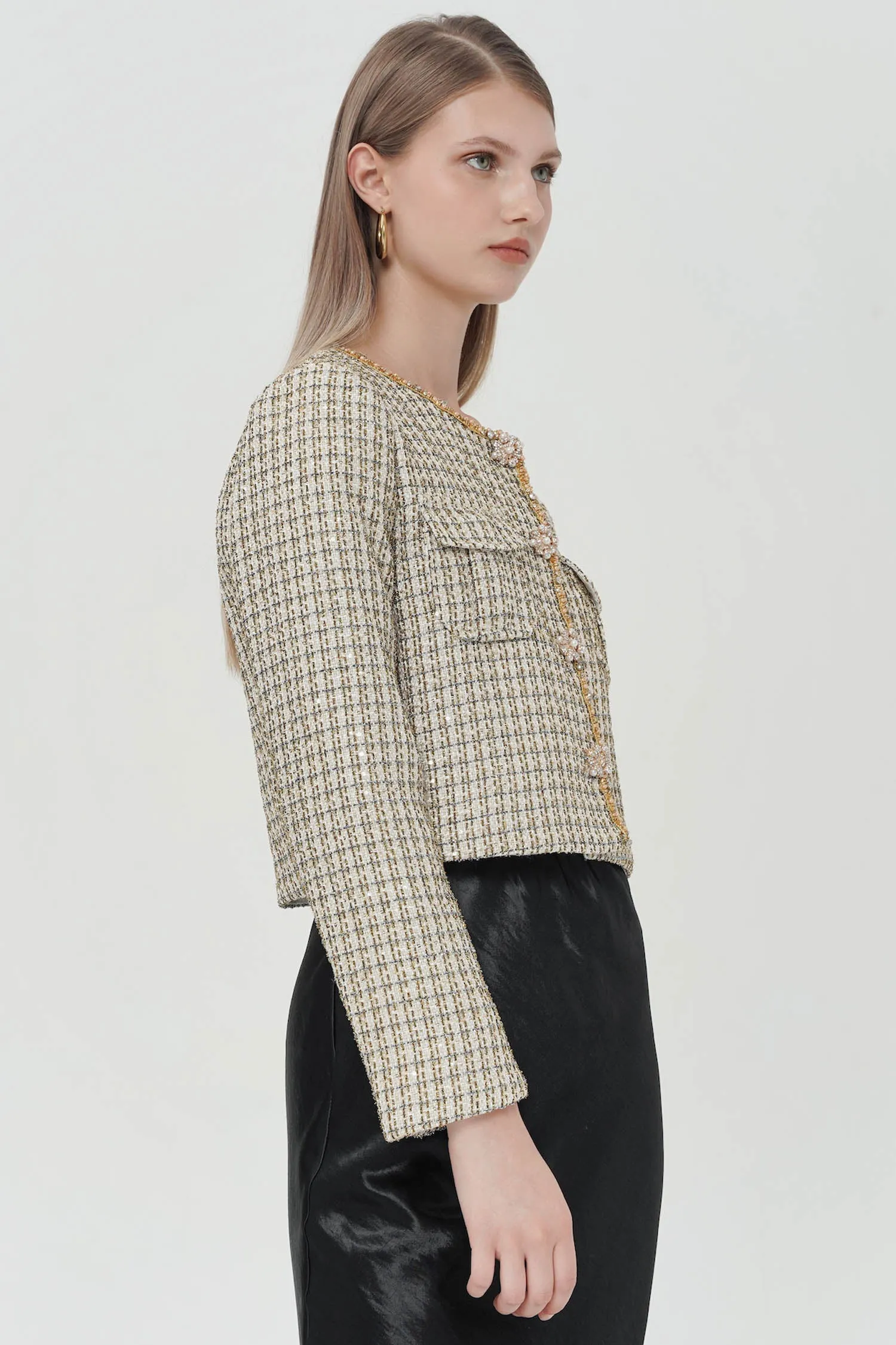 Auretta Embellished Tweed Blazer In Gold
