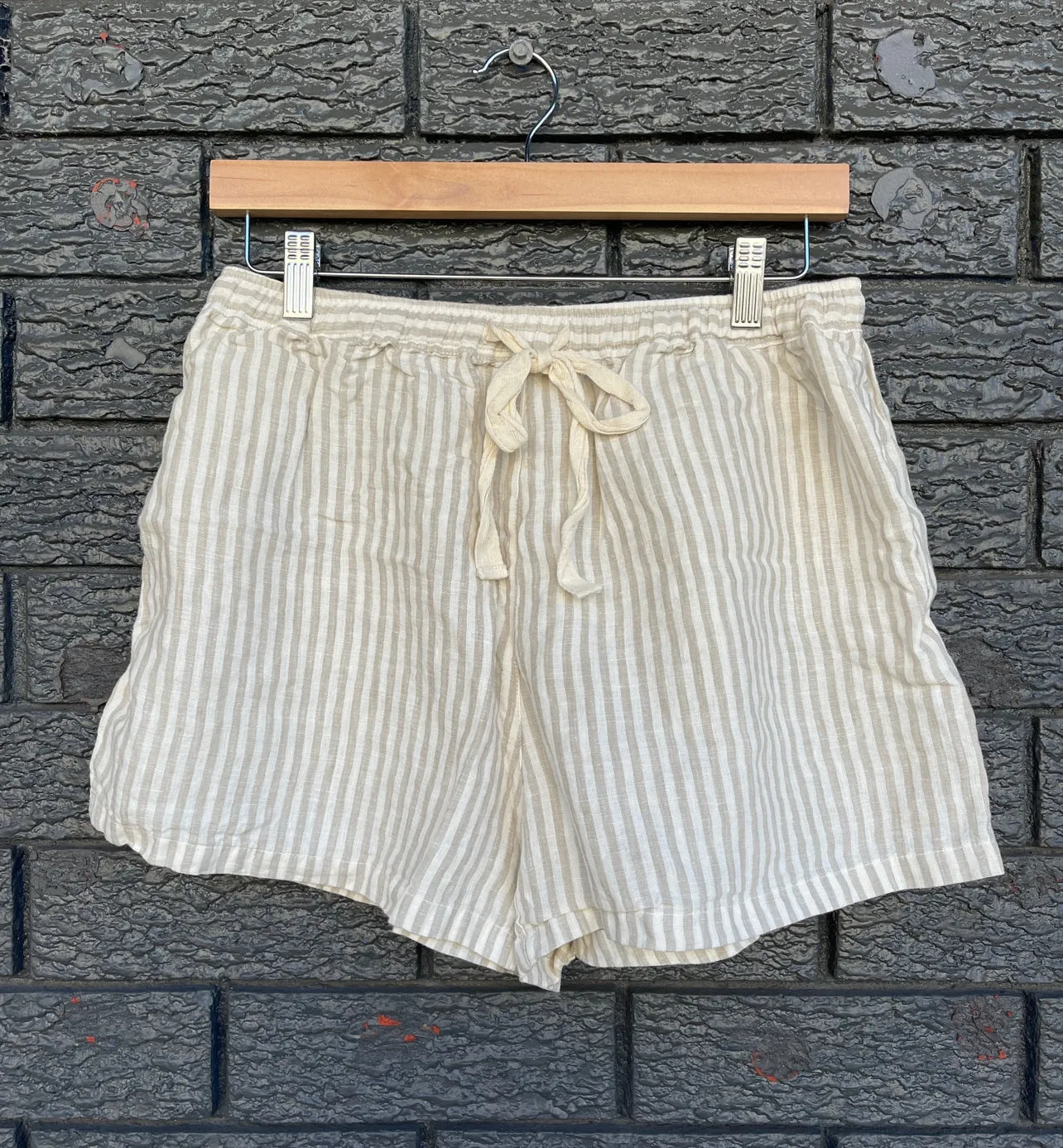 Beige Stripe French Linen Shorts