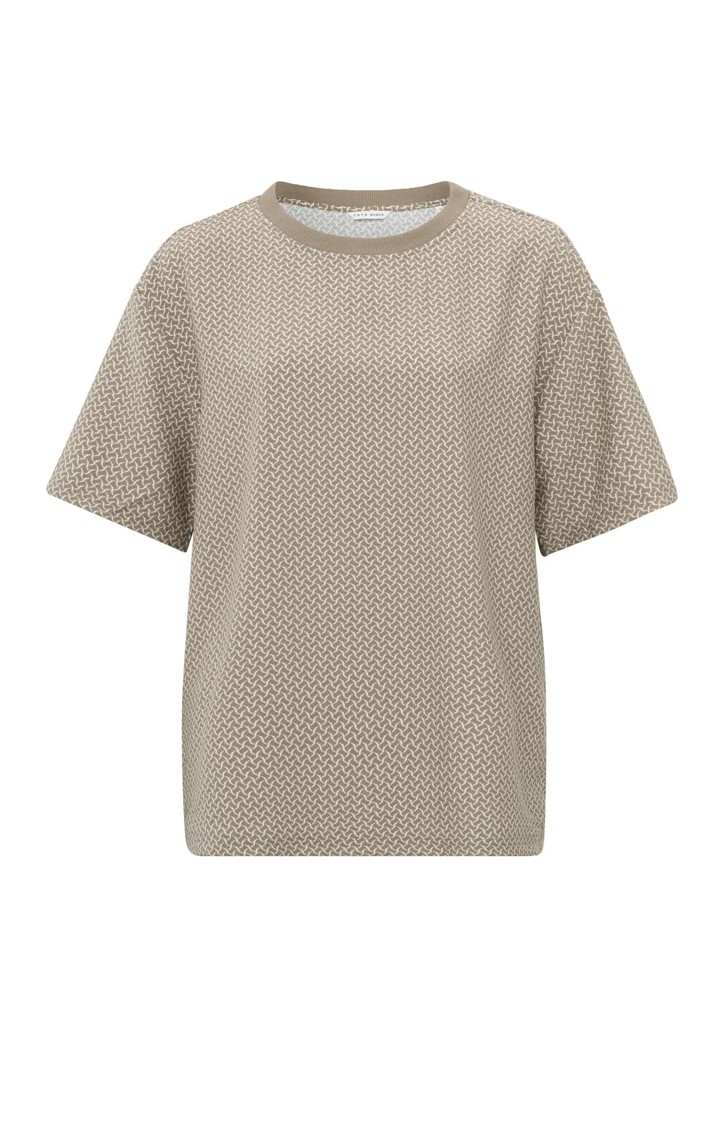Beige top with short sleeves, round neck and printed pattern