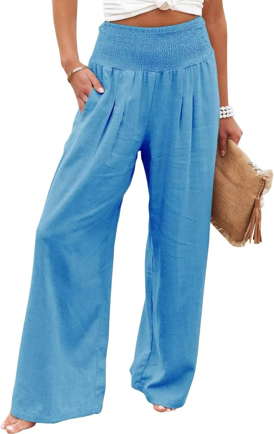 Casual Pants for Women High Waist Wide Leg Trousers Lightweight Linen Blend Elastic Waist Cozy Loose Lounge Wear