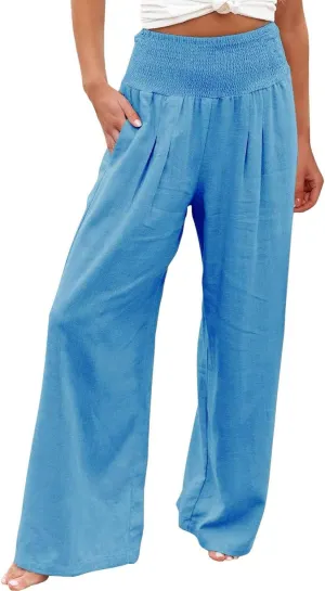 Casual Pants for Women High Waist Wide Leg Trousers Lightweight Linen Blend Elastic Waist Cozy Loose Lounge Wear
