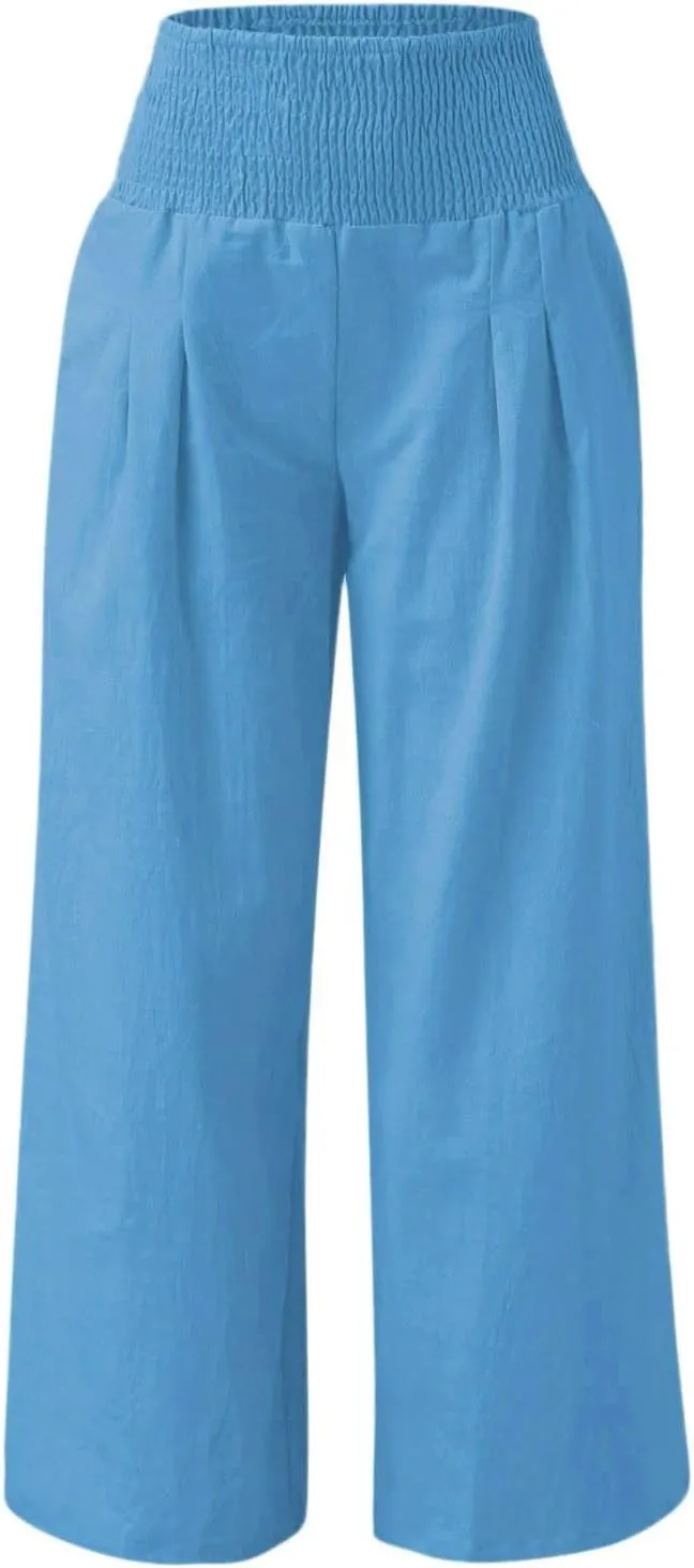 Casual Pants for Women High Waist Wide Leg Trousers Lightweight Linen Blend Elastic Waist Cozy Loose Lounge Wear