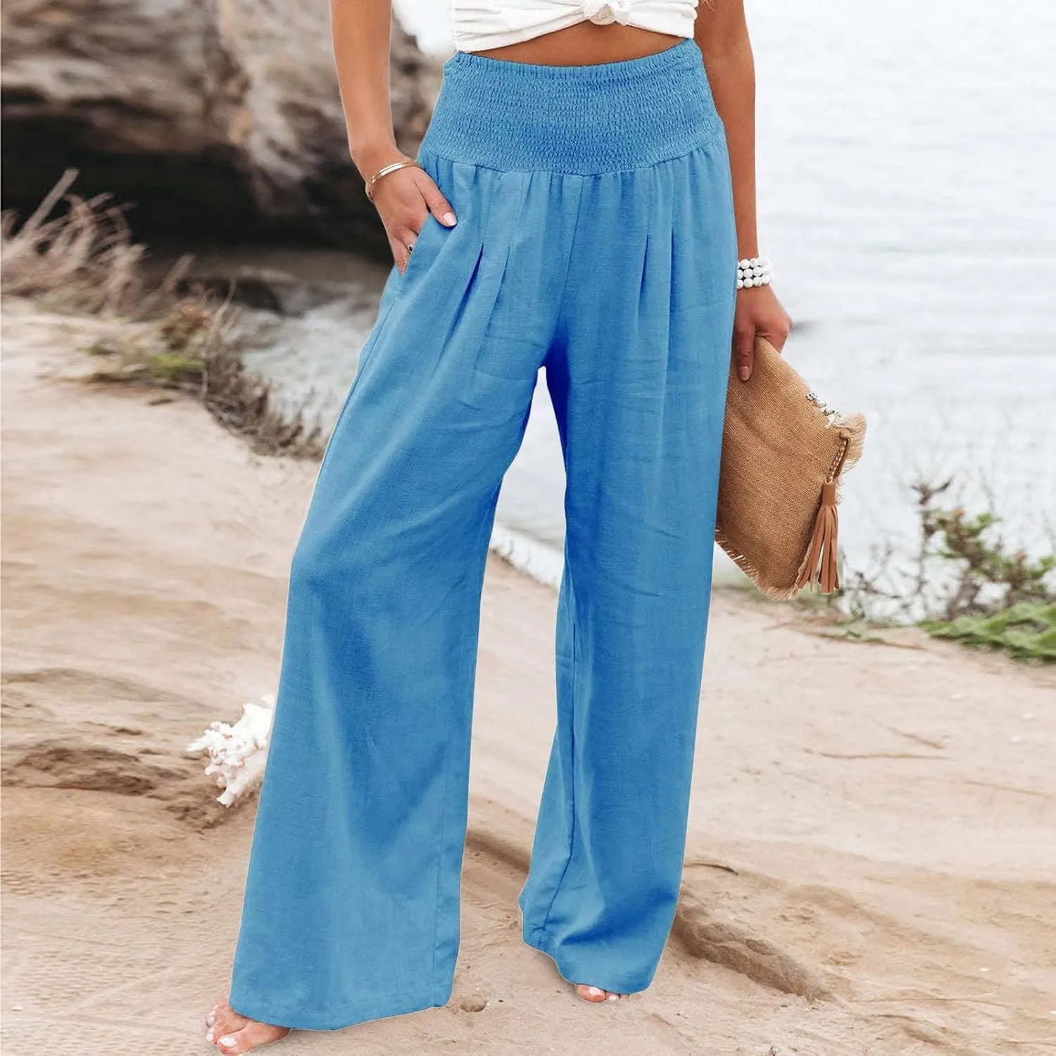 Casual Pants for Women High Waist Wide Leg Trousers Lightweight Linen Blend Elastic Waist Cozy Loose Lounge Wear