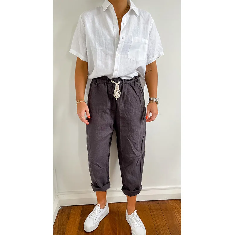 Charcoal French Linen Long Pants