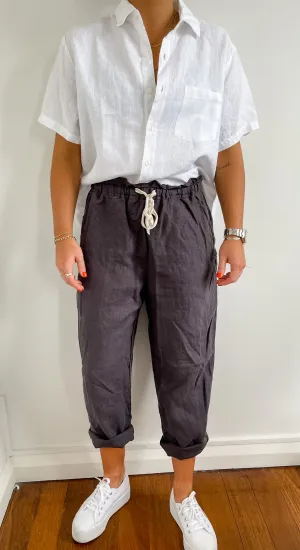 Charcoal French Linen Long Pants