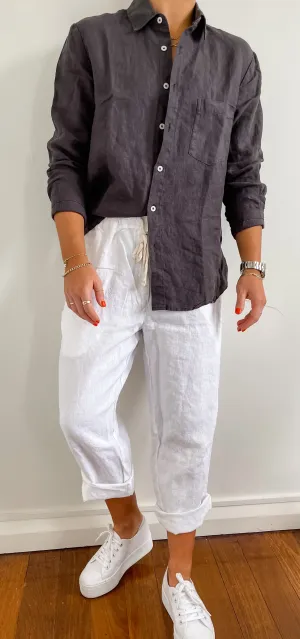 Charcoal French Linen Long Sleeve Shirt