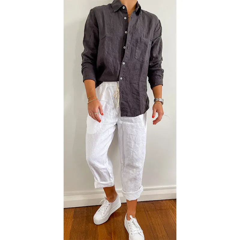 Charcoal French Linen Long Sleeve Shirt