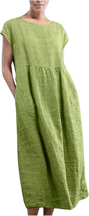 Cotton Linen Dresses for Women 2025 Summer Short Sleeve Crew Neck Midi Dress Casual Loose Comfy Plus Size Beach Dress