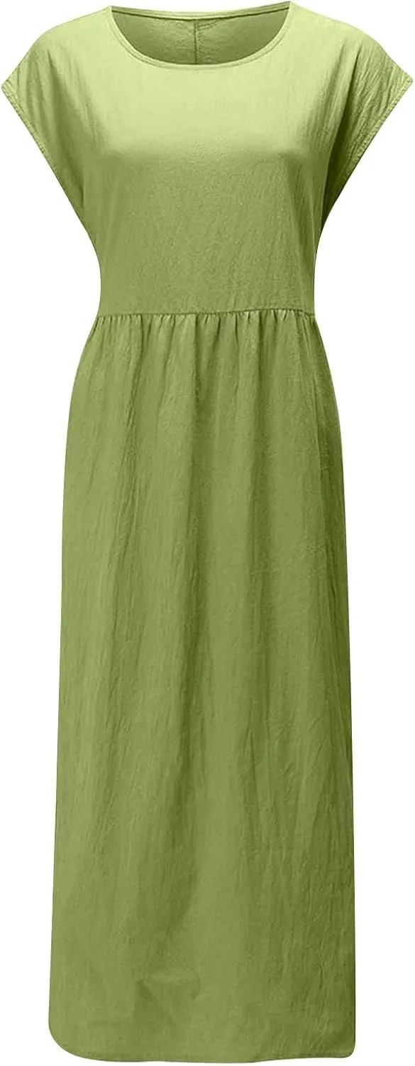 Cotton Linen Dresses for Women 2025 Summer Short Sleeve Crew Neck Midi Dress Casual Loose Comfy Plus Size Beach Dress