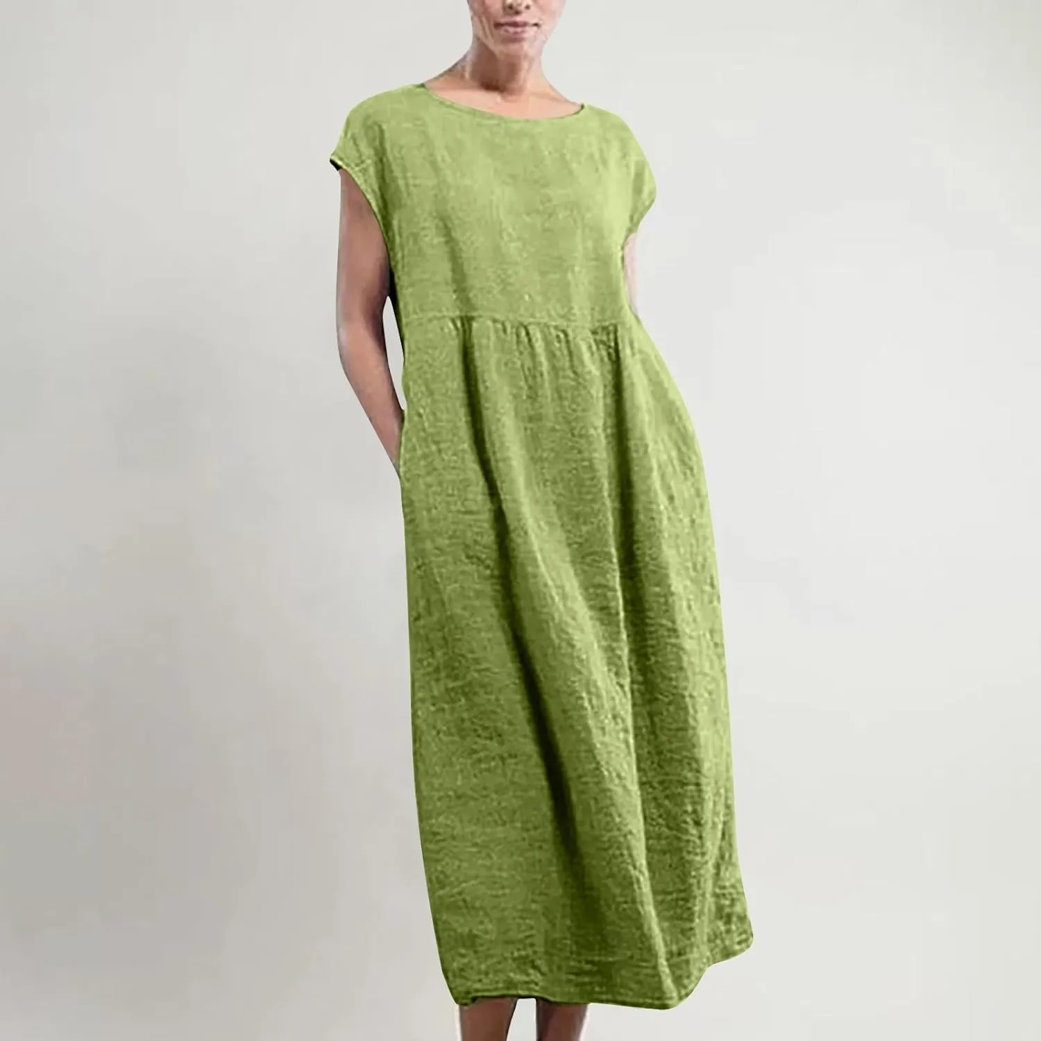Cotton Linen Dresses for Women 2025 Summer Short Sleeve Crew Neck Midi Dress Casual Loose Comfy Plus Size Beach Dress