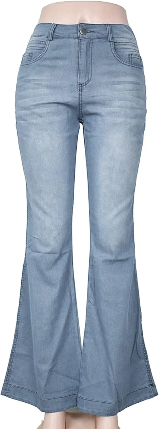 CRNTCEM Womens High Waist Flare Jeans Slim Fit Wide Leg Stretchy Bootcut Pants Ladies Plus Size Cozy Vintage Y2K Jean Trouser
