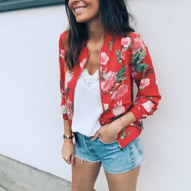 Floral Spring Jacket Zipper Plus Size Women's Jacket Floral