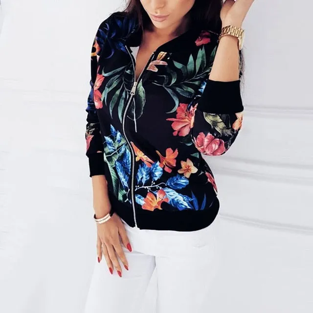 Floral Spring Jacket Zipper Plus Size Women's Jacket Floral