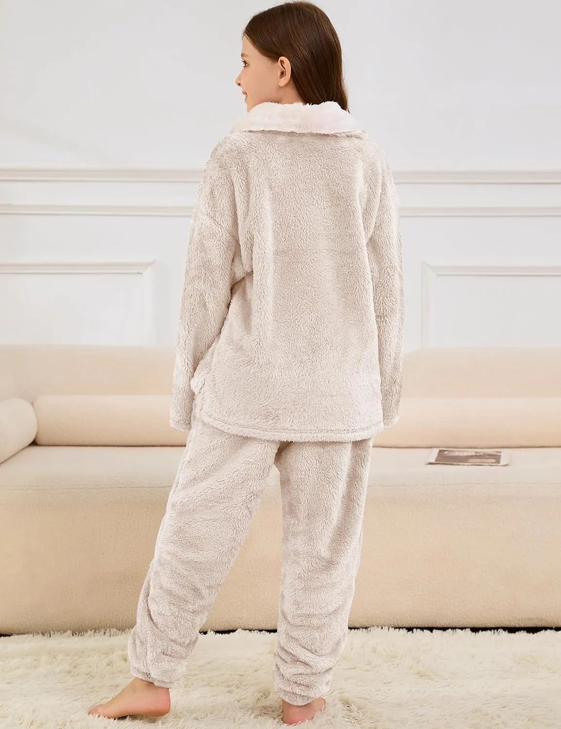 Flygo Girls Fuzzy Pants Set Fleece Outfits Winter Flannel Loose Fluffy Pullover Sweatshirt Top Pants Sweatsuit 5-14Y