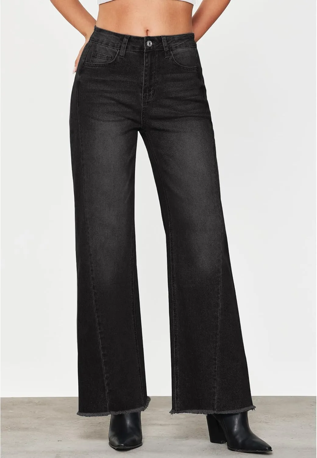 GRAPENT Wide Leg Jeans for Women High Waisted Trendy Strechy Denim Pants Side Seam Frayed Hem Baggy Work Trouser Jeans
