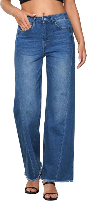 GRAPENT Wide Leg Jeans for Women High Waisted Trendy Strechy Denim Pants Side Seam Frayed Hem Baggy Work Trouser Jeans