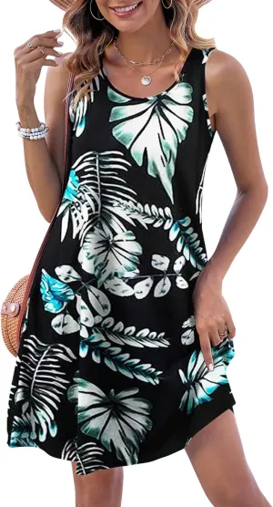 Halife Womens Summer Dresses Casual Sleeveless Tshirt Sundresses Vacation Beach Cover Up Dress with Pockets