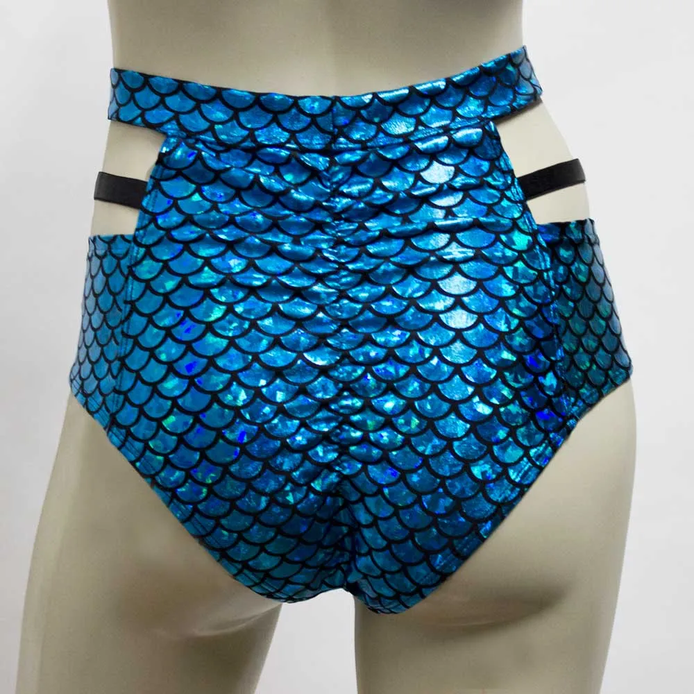 High Waisted Monroe Cutout Sexy Short- Large Scale Turquoise Mermaid