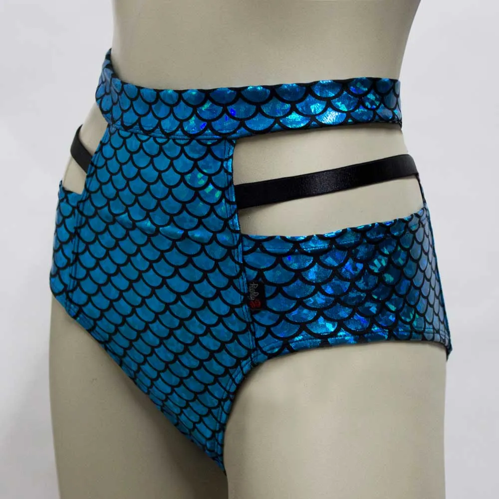 High Waisted Monroe Cutout Sexy Short- Large Scale Turquoise Mermaid