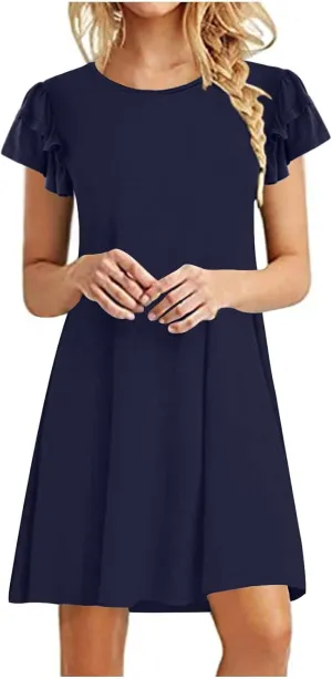 hlysgo Mini Dresses for Women Summer Trendy Ruffle Short Sleeve Cute Dress Casual Flowy Beach Vacation Dress with Pockets
