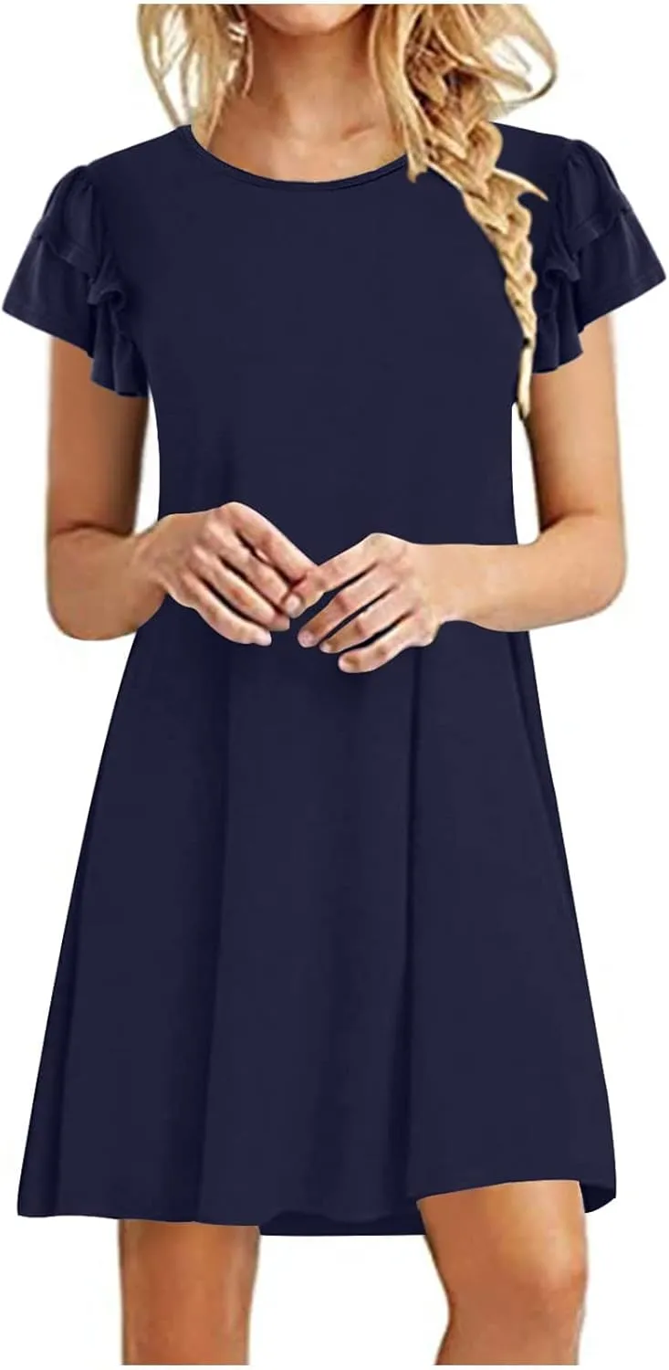 hlysgo Mini Dresses for Women Summer Trendy Ruffle Short Sleeve Cute Dress Casual Flowy Beach Vacation Dress with Pockets