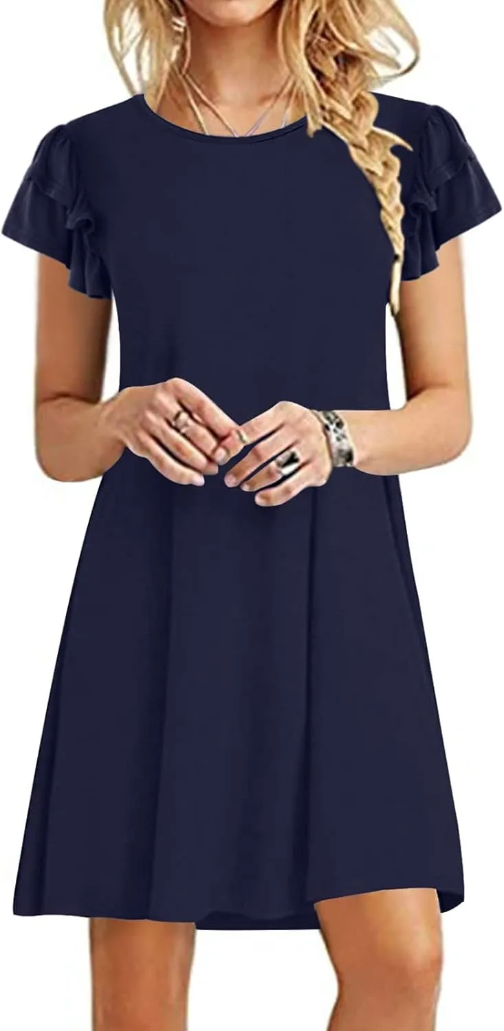 hlysgo Mini Dresses for Women Summer Trendy Ruffle Short Sleeve Cute Dress Casual Flowy Beach Vacation Dress with Pockets
