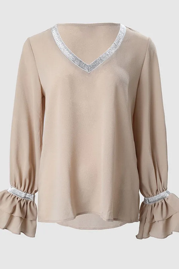 Jonelle Tape Patch V-Neck Bell Sleeve Top