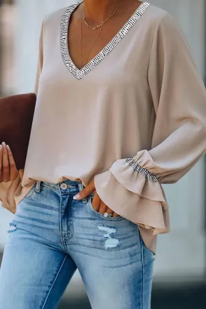 Jonelle Tape Patch V-Neck Bell Sleeve Top