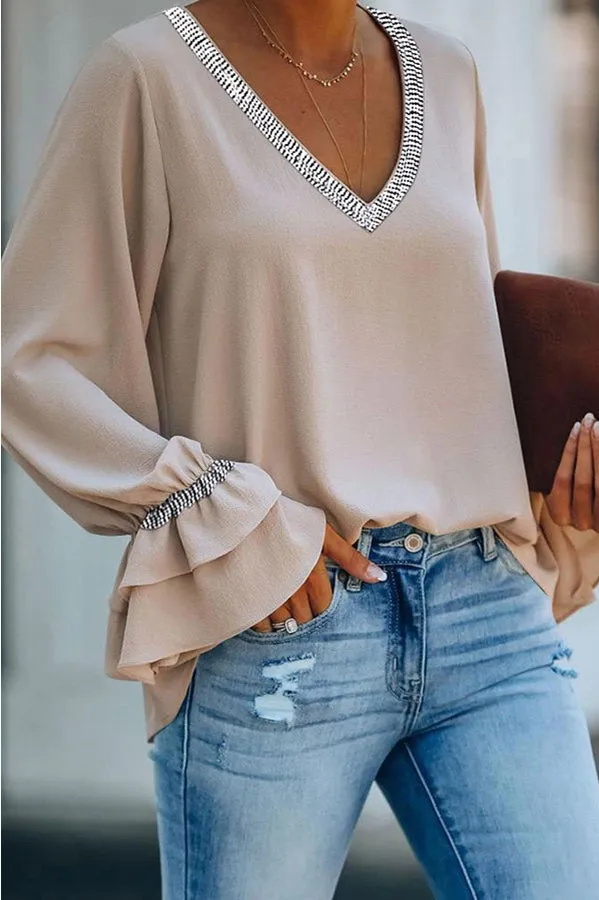 Jonelle Tape Patch V-Neck Bell Sleeve Top